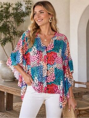 NWOT Jade Colorful Abstract Ruffle Blouse ✨ Bell Sleeve Boho Luxe Flowy Top S/M